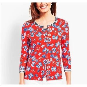 Talbots Sz SP PS Red Blue Floral Print Sweater Cardigan Spring Easter Womens